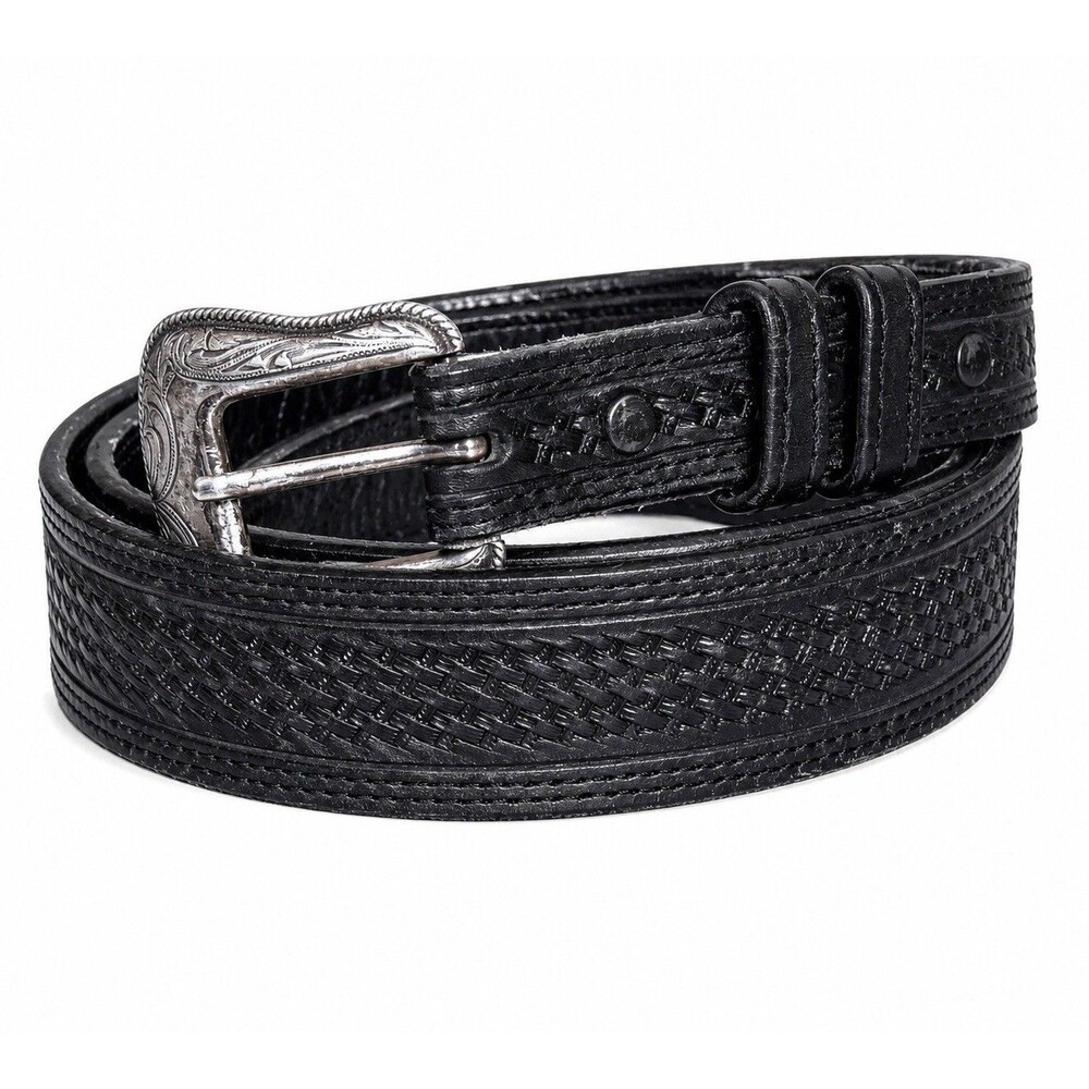 Vtg Vogt Black Leather Western Belt 46 Basketweave Tooled Silver Engraved Buckle